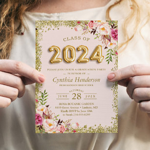 Goldene Glitzer Rosa Blumenballons 2023 Abschluss Einladung