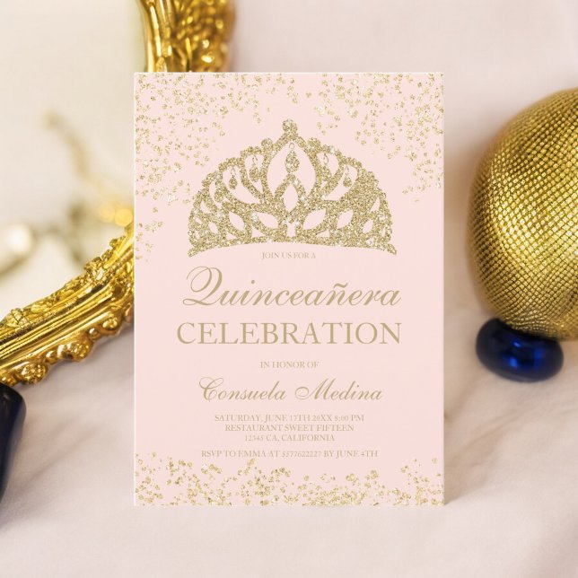 Goldene Glitzer Rose Kronen Tiara Quinceañera Einladung (gold glitter blush crown tiara Quinceañera Invitation)