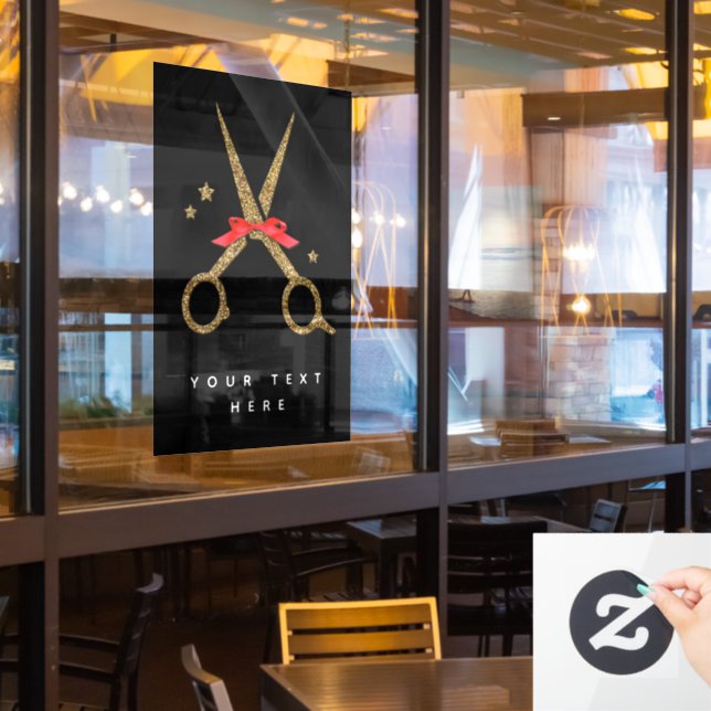 Goldene Glitzer-Schere - Friseur Stylist Win Fensteraufkleber (Restaurantfenster)