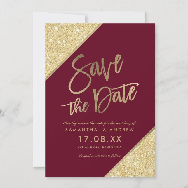 Goldene Glitzer-Schrift Marsala rot Save the Date (Vorderseite)