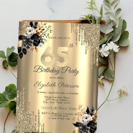 Goldene Glitzer Tropfen Schwarze Rose 65. Geburtst Einladung