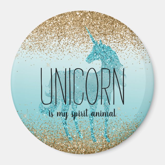 Goldene Glitzy Aqua Türkisfarbener Glitzer Einhorn Magnet (Vorne)