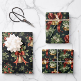Goldene Glocken und Holly-Blätter Geschenkpapier Set