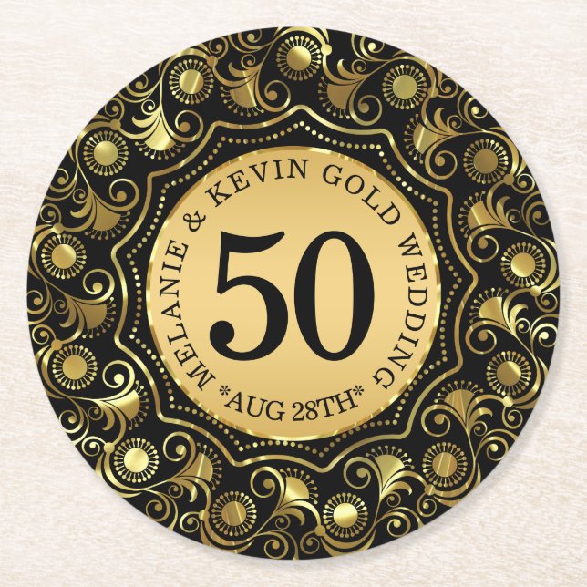 Goldene Golddecke für das 50. Jubiläum Runder Pappuntersetzer (Vorderseite)