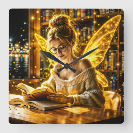 Goldene goldene Flügel gemütliche Bibliothek Quadratische Wanduhr