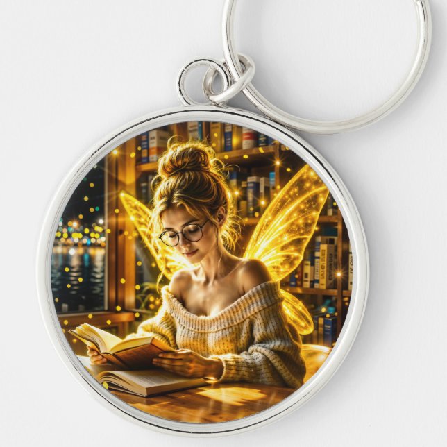 Goldene goldene Flügel gemütliche Bibliothek Schlüsselanhänger (Vorne)