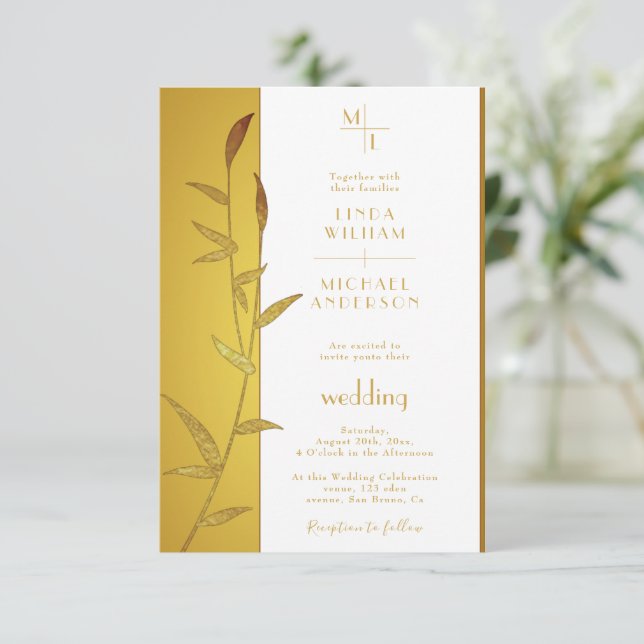Goldene Goldkalligraphie & Goldene Blätter Hochzei Einladung (Stehend Vorderseite)