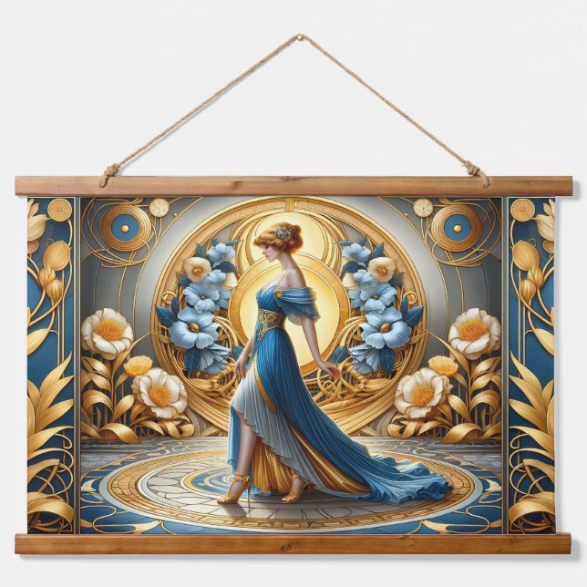 Goldene Göttin im Jugendstil Wandteppich Mit Holzrahmen (Vorne)