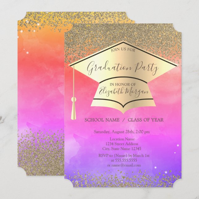 Goldene Graduierungskappe, Diamanten Ombre-Abschlu Einladung (Vorne/Hinten)