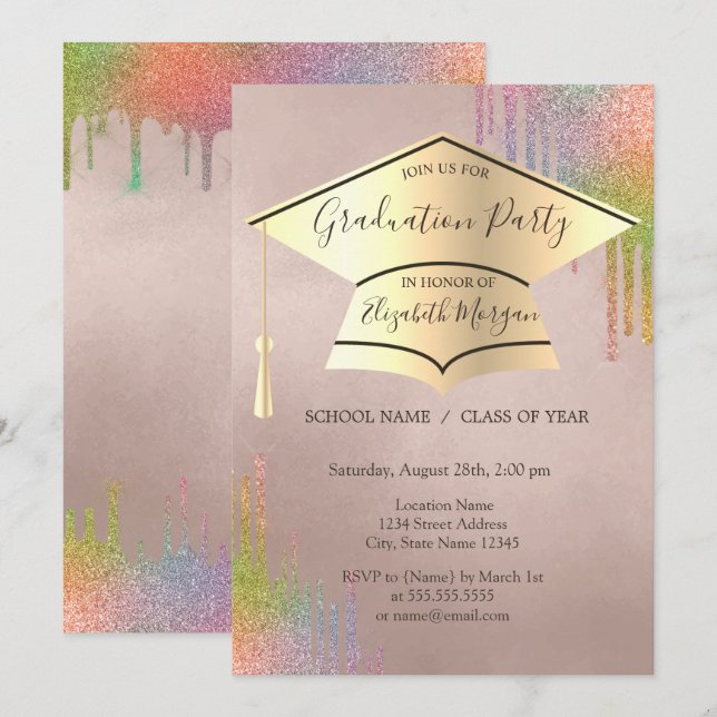 Goldene Graduierungskappe,Regenbogen-Tropfen-Absch Einladung (Vorne/Hinten)