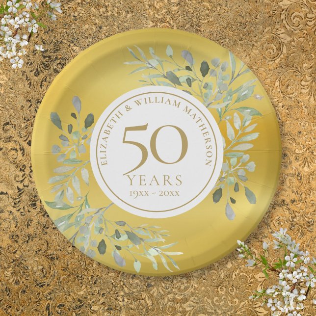 Goldene Grüne 50. Hochzeitstag Pappteller (Gold Foil Greenery 50th Wedding Anniversary Paper Plates)