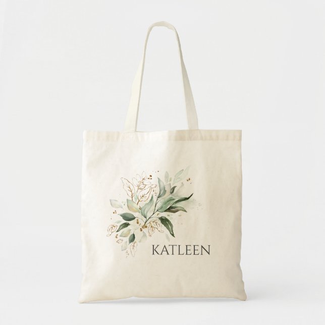 Goldene Grüne Blätter Elegante Moderne Tragetasche (Vorne)