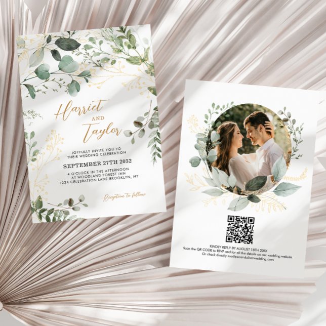 Goldene Grüne Eukalyptus-Foto-QR-Code-Hochzeit Einladung (Von Creator hochgeladen)
