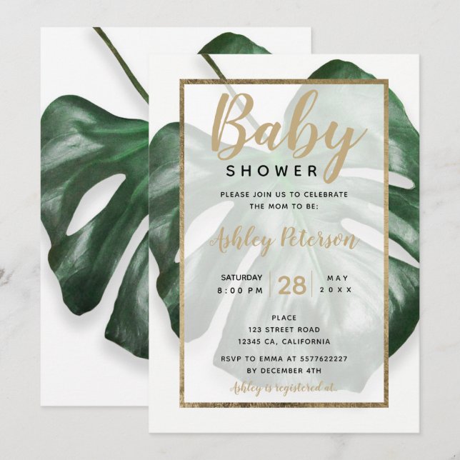 Goldene, grüne Monstera-Blatt-Babydusche Einladung (Vorne/Hinten)