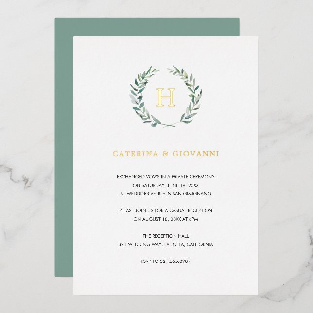 Goldene Grüne Rustikale Hochzeitsempfehlung Folieneinladung (Vorderseite/Rückseite)