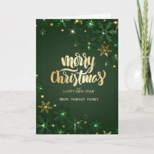 Goldene grüne Schneeflocken Weihnachtskarte Feiertagskarte