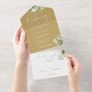 Goldene Grünpflanzen Blumen Monogramm Schrift Hoch All In One Einladung