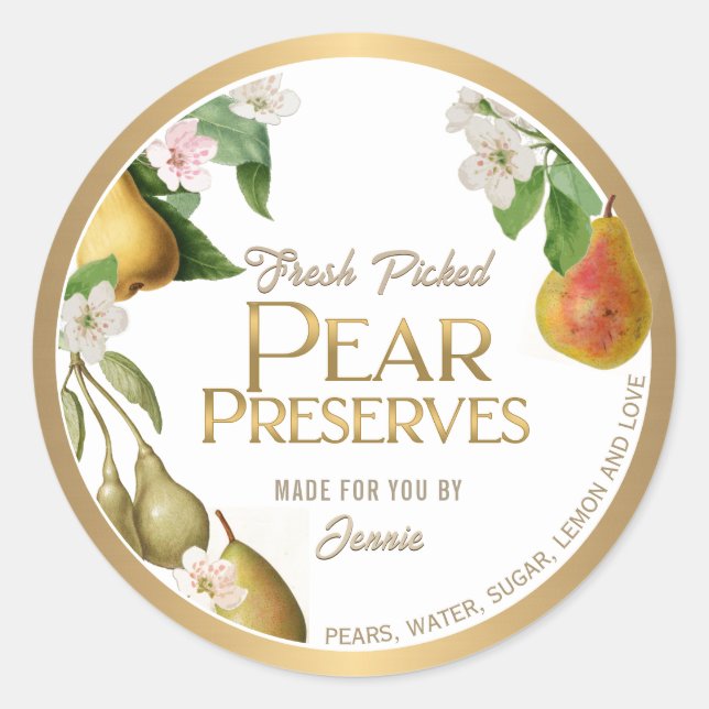 Goldene, hausgemachte Birne Jam Preserve Classic Runder Aufkleber (Vorderseite)