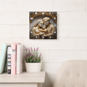 Goldene Heilige Familie Maria, Josef und Jesus Quadratische Wanduhr