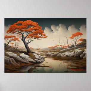 Goldene Herbst-Träumelandschaft mit Orangenbäumen Poster