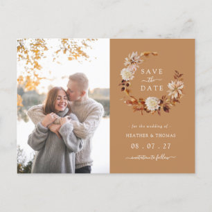 Goldene Herbstkranz-Hochzeitsfoto Save The Date Ankündigungspostkarte