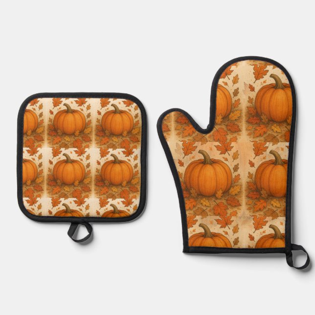 Goldene Herbstpumpen und fallende Blätter Ofenhandschuh & Topflappen-Set (Vorderseite)