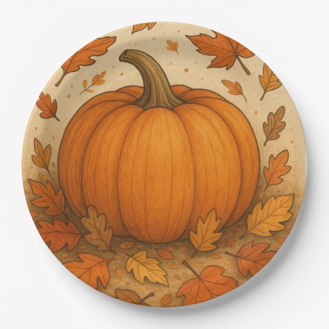 Goldene Herbstpumpen und fallende Blätter Pappteller (Vorderseite)