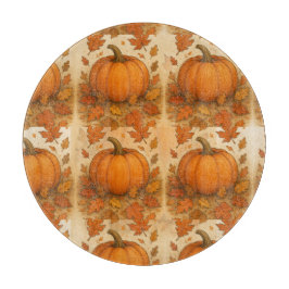 Goldene Herbstpumpen und fallende Blätter Schneidebrett