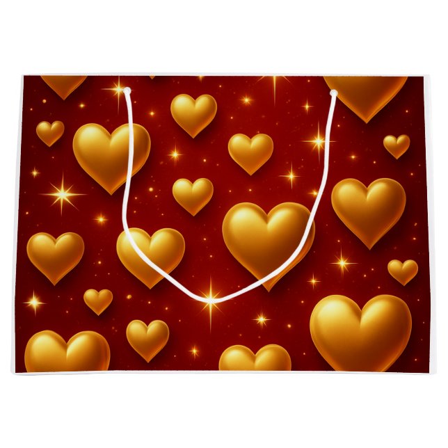 Goldene Herzen auf Rot mit Sternen Große Geschenktüte (Vorderseite)