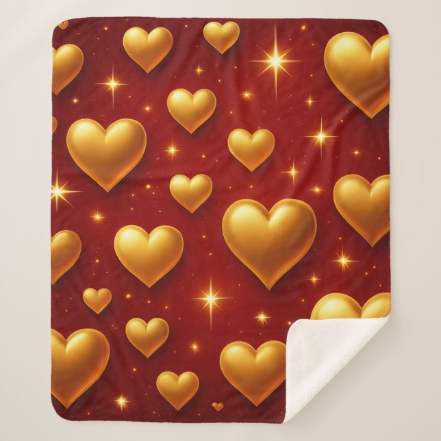 Goldene Herzen auf Rot mit Sternen Sherpadecke (Vorderseite)
