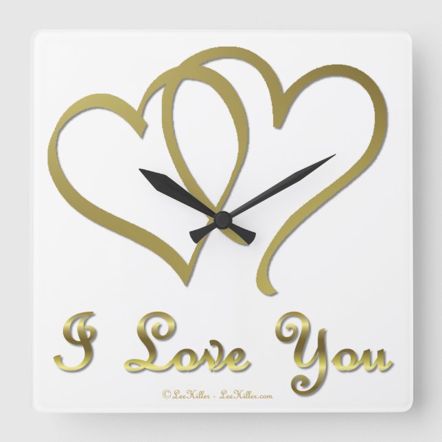 Goldene Herzen bei der Liebe Quadratische Wanduhr (Vorderseite)