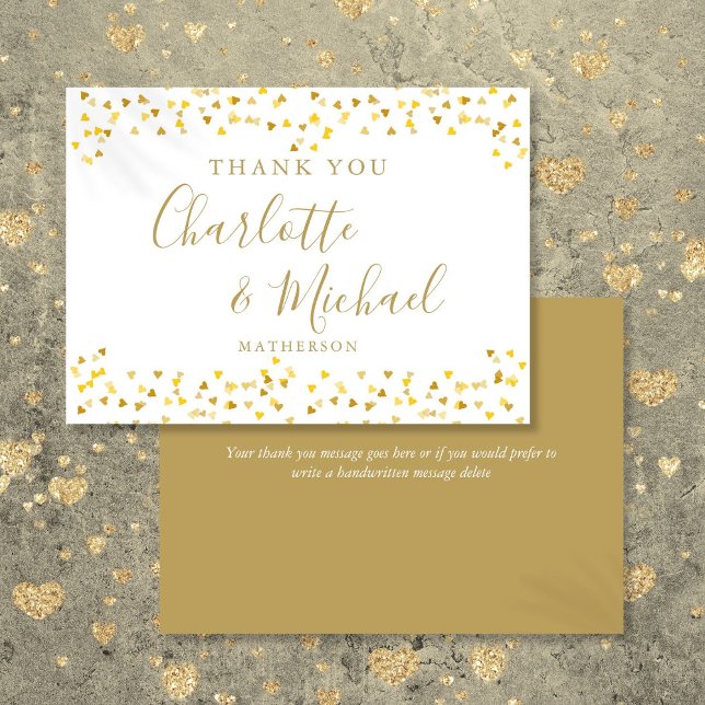 Goldene Herzen Confetti Signature Script-Hochzeit Dankeskarte (Gold Hearts Confetti Signature Script Wedding Thank You Card)