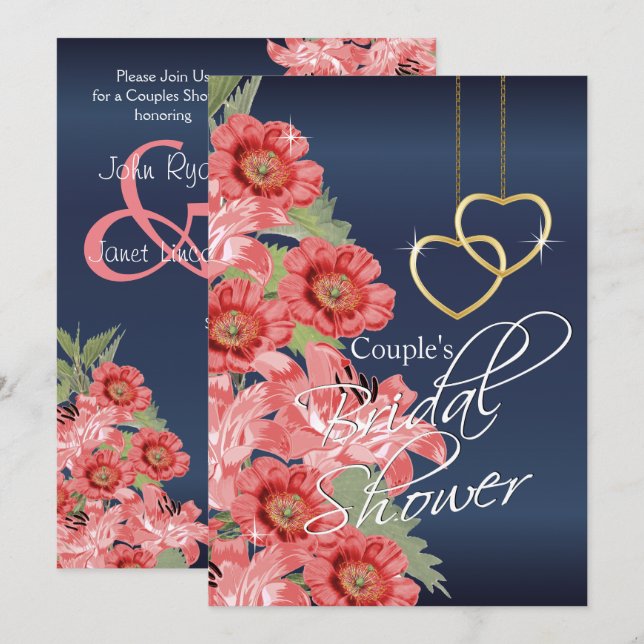 Goldene Herzen mit Coral & Navy Blue - Einladung (Vorne/Hinten)