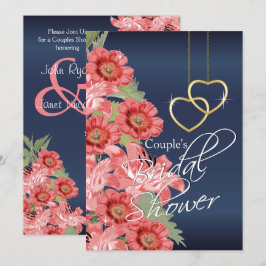 Goldene Herzen mit Coral & Navy Blue - Einladung