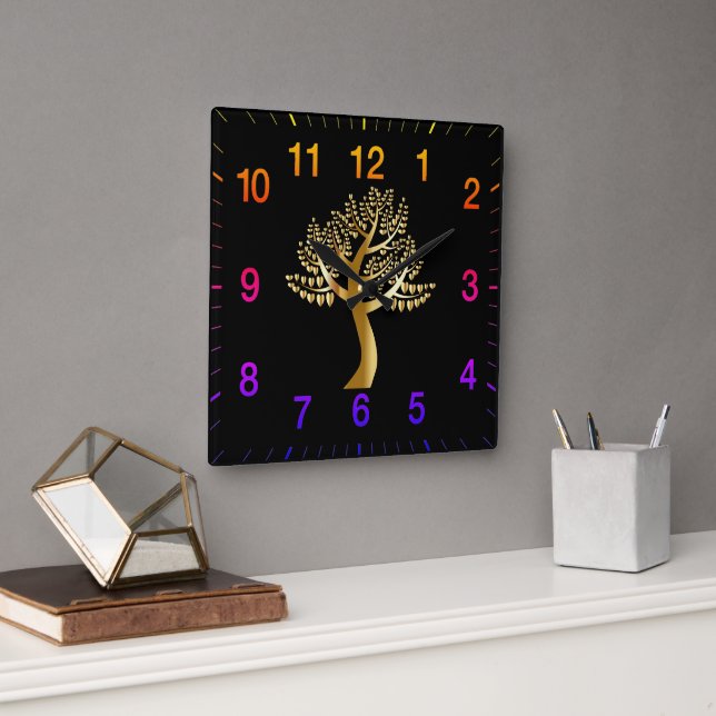 Goldene Herzen Tree mit Regenbogenzahlen Quadratische Wanduhr (Büro)