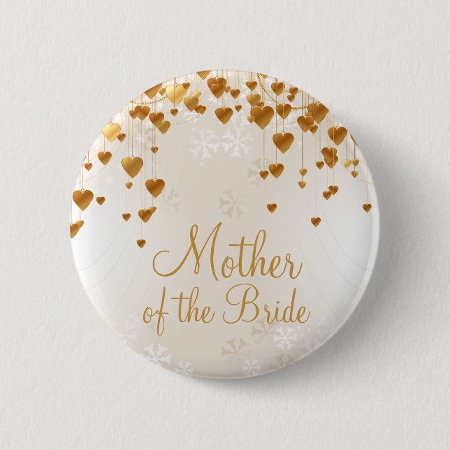 Goldene Herzen und Schneeflocken Mutter der Braut Button (Vorderseite)