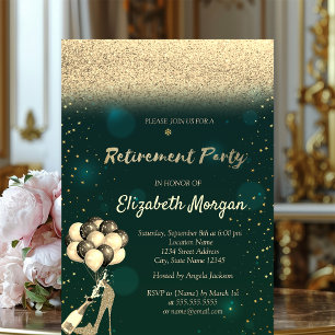 Goldene High Heel Ballons Grüner Glitter Ruhestand Einladung