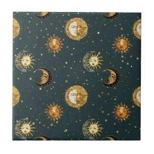 Goldene himmlische Sonne Mond Sterne Mitternachtsb Fliese