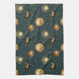 Goldene himmlische Sonne Mond Sterne Mitternachtsb Geschirrtuch