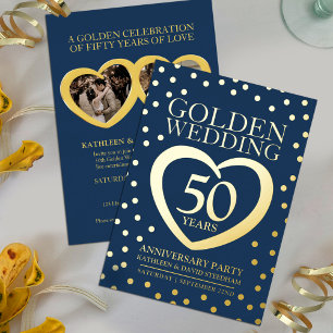 Goldene Hochzeit 50. Jubiläumsfeier blau gold Folieneinladung