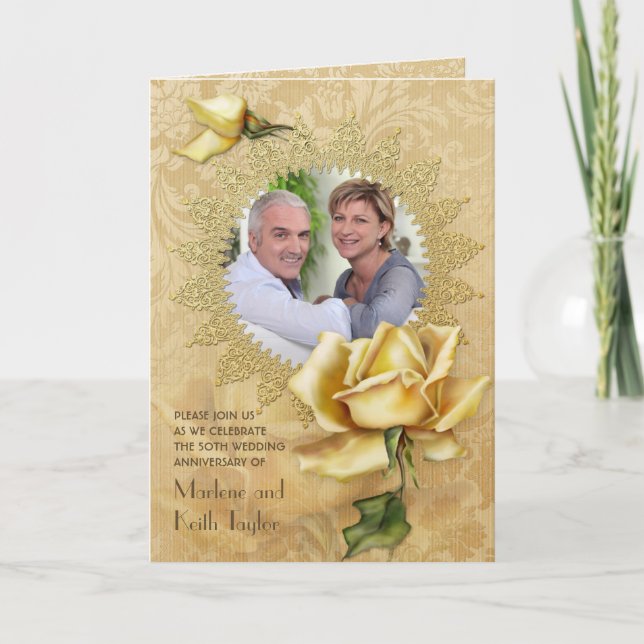 Goldene Hochzeit A des Rosen-Damast-50. Einladung (Vorderseite)