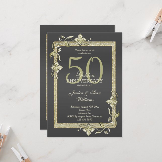 Goldene Hochzeit & Glitzer 50. Goldene Hochzeit Einladung (Vorderseite/Rückseite Beispiel)