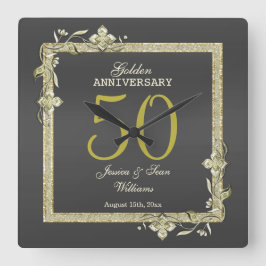 Goldene Hochzeit & Glitzer 50. Goldene Hochzeit Quadratische Wanduhr