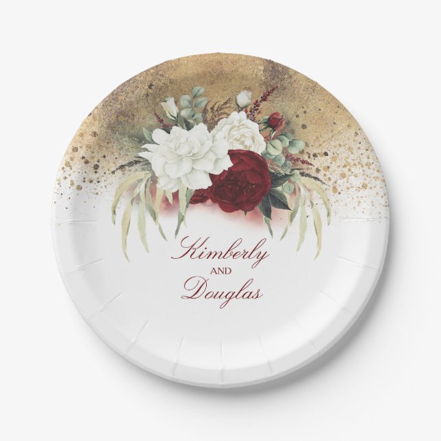 Goldene Hochzeit in Burgund Rot und Weiß Blume Pappteller (Vorderseite)