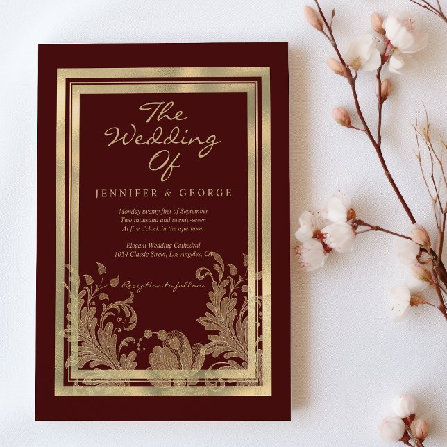 Goldene Hochzeit in Glam burgundy Glitzer Einladung (Glam burgundy gold glitter floral wedding)