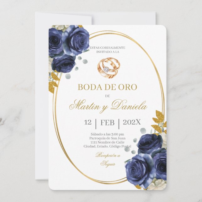 Goldene Hochzeit mit Boho-Blau Einladung (Vorderseite)