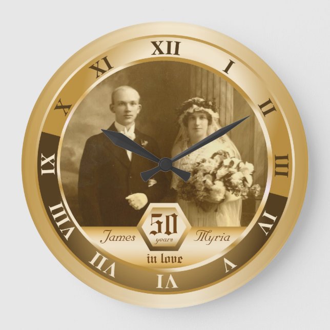 Goldene Hochzeits-Jahrestags-kundengerechtes Große Wanduhr (Vorderseite)