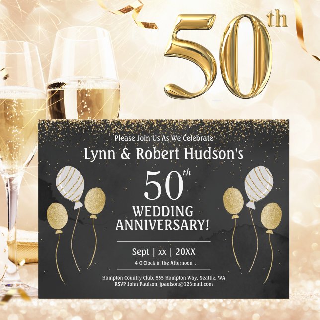 Goldene Hochzeitsfeier zum 50. Jahrestag Einladung (50th Wedding Anniversary, Gold, Black and White Invitation)