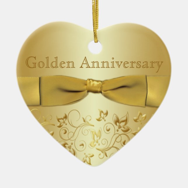 Goldene Hochzeitstag-Weihnachtsverzierung Keramikornament (Vorne)