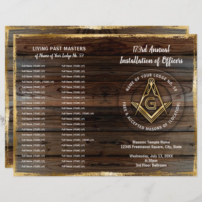 Goldene Holzbifold Masonic Programmvorlage (Vorne/Hinten)